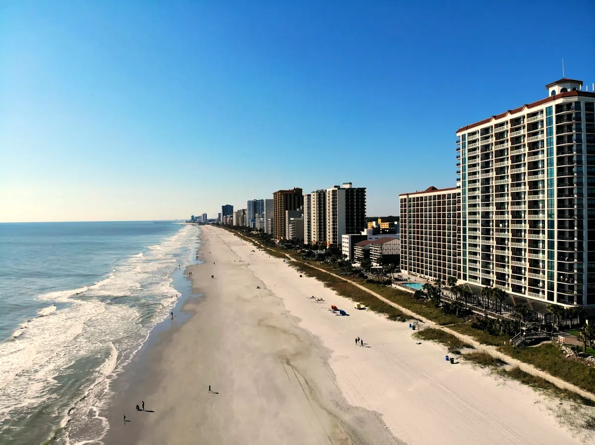 The Myrtle Beach oceanfront and Ocean Boulevard hotels from the air